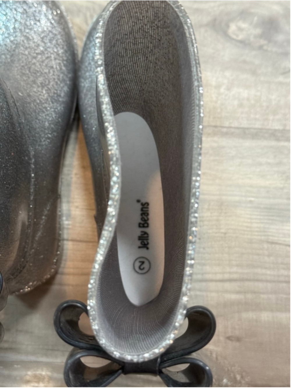 Jelly Beans Girls Silver Glitter Rain Boots Black Bow Size 2 - Picture 5 of 5